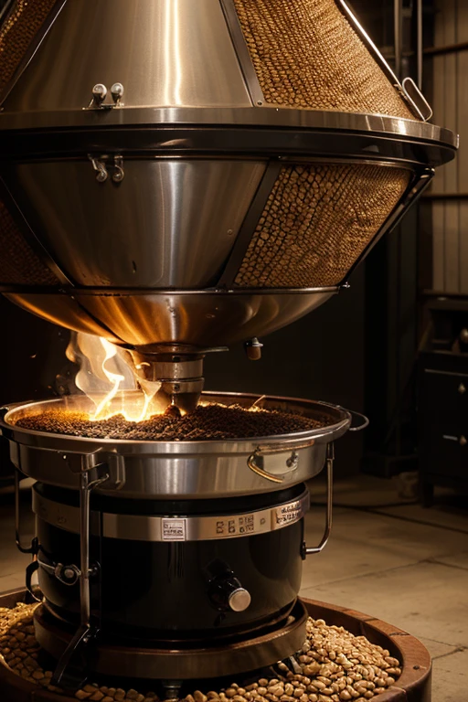 Visual: A coffee roaster in action, showing coffee beans changing color.
audio: Sound of grain being roasted and a soft murmur of conversation.
prompt: "Capture the roasting process, showing the change in color of the grains and the aroma that emanates. Use lively background music.