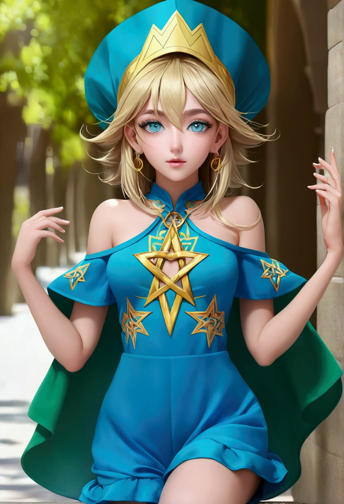 Dark Magician Girl, Oscura himself, by rubio, choker, (green eyes:1.5), broad,
ROMPER bare shoulders, blue shoes, blush, blush pegatinas, neckline, clavicle, duel monster, has, off the shoulder, pentacle, wizard has, (blue clothes:1.5), has tacones dorados. Wear gold heels, standing pose on one foot. PELELE with heels looking at the viewer,
Outdoor ROMPER, city,
BREAK (masterpiece:1.2), Best Quality, High resolution, unity wallpaper 8k, (illustration:0.8), (beautiful detailed eyes:1.6), extremely detailed face, perfect lighting, Extremely detailed CG, (perfect hands, perfect anatomy),