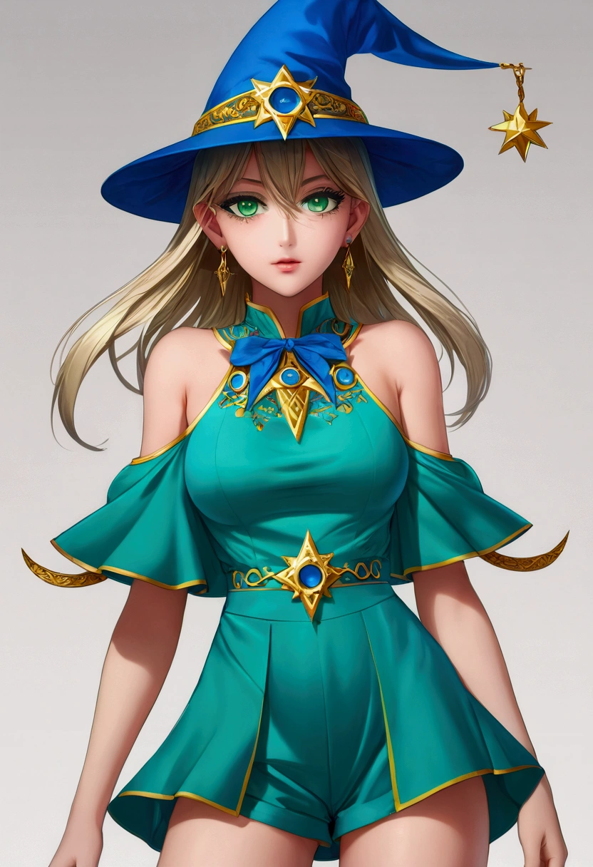Dark Magician Girl, Oscura himself, by rubio, choker, (green eyes:1.5), broad,
ROMPER bare shoulders, blue shoes, blush, blush pegatinas, neckline, clavicle, duel monster, has, off the shoulder, pentacle, wizard has, (blue clothes:1.5), has tacones dorados. Wear gold heels, standing pose on one foot. PELELE with heels looking at the viewer,
Outdoor ROMPER, city,
BREAK (masterpiece:1.2), Best Quality, High resolution, unity wallpaper 8k, (illustration:0.8), (beautiful detailed eyes:1.6), extremely detailed face, perfect lighting, Extremely detailed CG, (perfect hands, perfect anatomy),