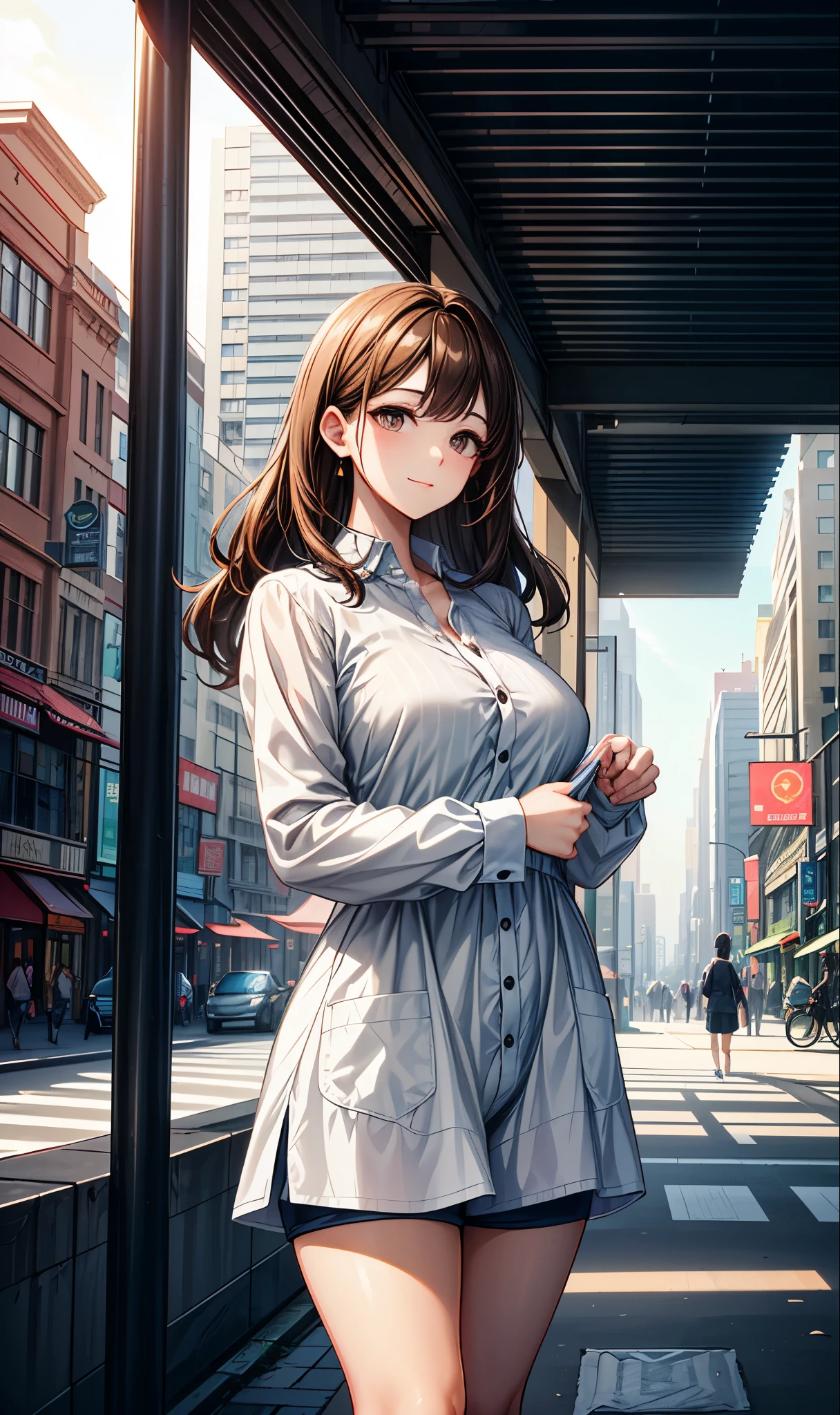 ((High resolution)), ((Lighting and color)), ((masterpiece)), ((Brown eyes)), ((dress)) A young woman with dark eyes., wavy brown hair, left loose and slightly disheveled by the breeze, confidently stands on a bustling urban street. He is wearing a loose white cotton shirt that highlights his natural elegance.., paired with gray denim shorts that complement your casual style.. She poses with a subtle, Confident smile, leaning your body slightly to one side. The background features a mix of modern skyscrapers., Quaint cafes, and bustling pedestrians. The soft sunlight softly illuminates your face., creating a warm glow and emphasizing your presence amidst the hustle and bustle of the city."