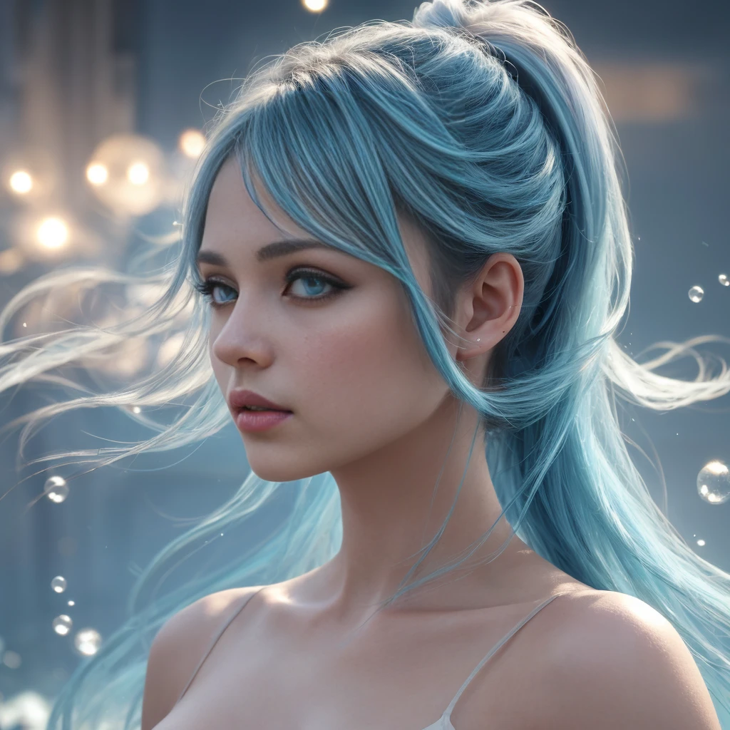 (YES NSFW), a girl standing, looking at the viewer, with messy hair, wearing fashionable clothes, (best quality,4k,8k,highres,masterpiece:1.2),ultra-detailed,(realistic,photorealistic,photo-realistic:1.37),floating,beautiful detailed eyes,beautiful detailed lips,extremely detailed eyes and face,longeyelashes,delicate beauty,high saturation,colorful splashes,colored bubbles,shining,focused on the face,ponytail,light blue hair,bangs,hair halo,flowing hair,brilliant,best lighting,best shadow,full body,portrait
