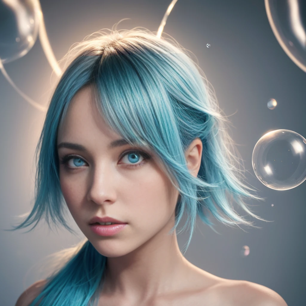 (YES NSFW), a girl standing, looking at the viewer, with messy hair, wearing fashionable clothes, (best quality,4k,8k,highres,masterpiece:1.2),ultra-detailed,(realistic,photorealistic,photo-realistic:1.37),floating,beautiful detailed eyes,beautiful detailed lips,extremely detailed eyes and face,longeyelashes,delicate beauty,high saturation,colorful splashes,colored bubbles,shining,focused on the face,ponytail,light blue hair,bangs,hair halo,flowing hair,brilliant,best lighting,best shadow,full body,portrait