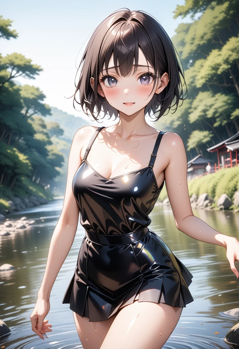 Top quality, detailed illustration, depth of field, blur, from below, river and trees in background, wind, ((water splash)), wet skin, wet hair, wet clothes, upper body, focus on lips, (1 adult female), small breasts, extra short hair, sparkling eyes, glossy lips, (mouth closed), model pose, slanted eyes, smiling, (front-tied halter bikini with cat pattern),