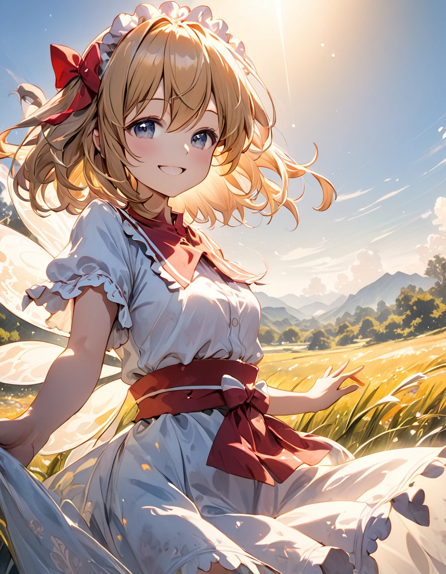 artwork of a young girl (fairy Sunny Milk from Touhou project) with a beautifully radiant smile, posing with her left hand up towards the sky as if reaching for her dreams. Her face should convey a sense of wonder and optimism, with delicate features and intricate details. The background should be a soft, dreamy watercolor-style landscape, reminiscent of a famous watercolor artist's masterpiece. The overall aesthetic should be ultra-detailed, with textured fabrics, subtle shading, and intricate patterns, HDR
