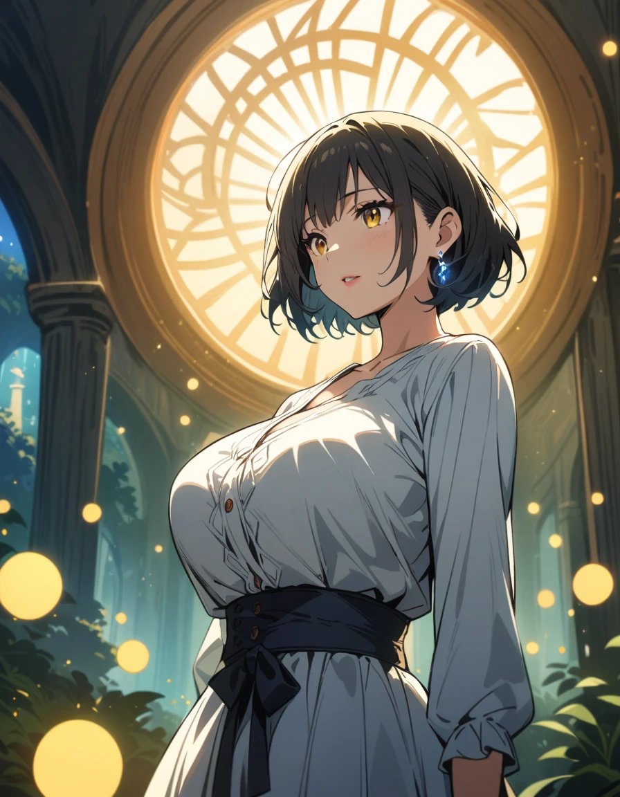 1girl,upper body,a cute cat lying on the head of the girl,masterpiece, best quality, highres, 4k, 8k, intricate detail, cinematic lighting, amazing quality, amazing shading, soft lighting, Detailed Illustration, anime style, wallpaper,,alcina_dimitrescu(resident evil), 1girl, black hair, short hair, yellow_eyes, red_lips,black_hat, earrings,huge_breasts, jewelry, long_dress, black gloves, long sleeves, pearl earrings, sun hat, white_dress,,in an amusement_park,glowing stardust frontground,fantasy,sparkling,fireflies