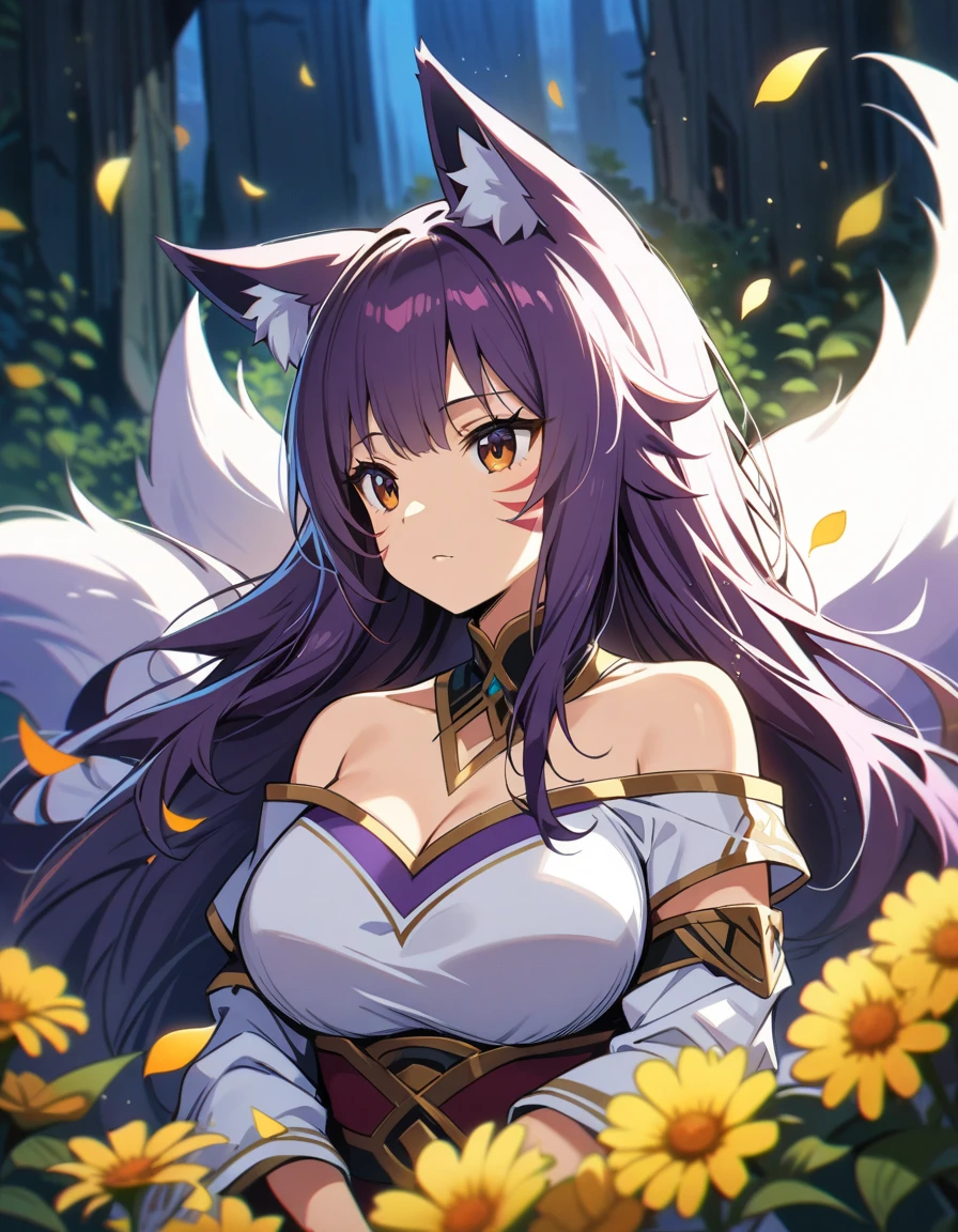 1girl,upper body,a cute cat lying on the head of the girl,masterpiece, best quality, highres, 4k, 8k, intricate detail, cinematic lighting, amazing quality, amazing shading, soft lighting, Detailed Illustration, anime style, wallpaper,,ahri(league_of_legends), 1girl, kitsune, kyuubi, deep purple hair,deep purple fox ears, long_hair,brown_eyes ,facial mark, whisker markings,white fox tail,kyuubi, large_breasts, long sleeves, magic, white multiple tails, off shoulder, sharp fingernails,(red_and_white_dress:1.2),,in the mountain,surrounding by flowers,falling_petals, petals,