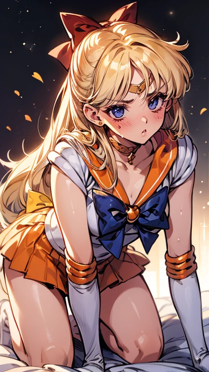 (Beautiful attention to detail:1.6), Highly detailed face,{{masterpiece}}, {{{Highest quality}}},{{Very detailed}},1girl,30years old,{Mature Woman}},sailor venus,sv1,{{ sailor senshi uniform}}, Orange Skirt, elbow gloves, tiara, {{{orange sailor collar:1,7}}}, red bow, orange choker, white gloves, jewelry},furrow one's brow ,{{all fours}},{{On all fours},full body,from side,{{Small breasts}},Small face,{{}},,Thighs,{{v-shaped eyebrows}},Bad mood,blush、Sweat, ruins