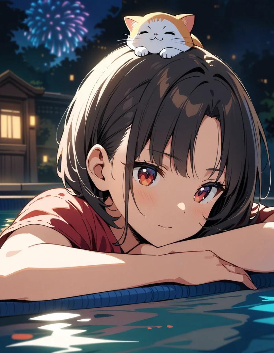 1girl,upper body,a cute cat lying on the head of the girl,masterpiece, best quality, highres, 4k, 8k, intricate detail, cinematic lighting, amazing quality, amazing shading, soft lighting, Detailed Illustration, anime style, wallpaper,,ada wong(resident evil), 1girl, short hair,black hair, hair behind ear,red dress,,in swimming pool,gorgeous Fireworks in sky