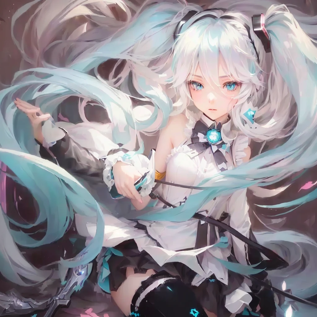 Anime girl with long white hair and blue eyes holding a sword, hatsune Miku portrait, portrait of hatsune Miku, by Kamaguruka, Mikudayo, hatsune Miku, Zerochan Art, by Shimo, trending on artstation Pixiv, Miku, digital art on Pixiv, Pixiv, Pixiv contest winner, HD artwork