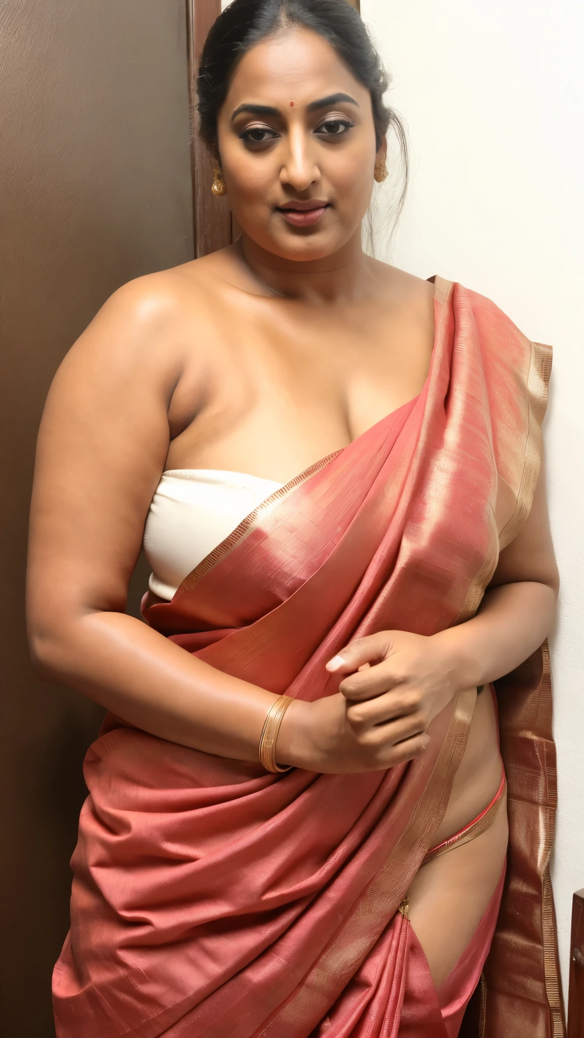 (wearing only a long bathing towel, mature milf looking very hot in afterbathing photo), Foto RAW, photorealistic, photography, full body shot, 60 years old Woman, master shot, perfect eyes, goddess like beauty, pierced eyes, perfect thick chubby mallu Desi aunty bhabhi, Wearing a Stanapatta, juicy deep navel, sexy navel folds, a chest-band.Saree model, model Photography, Indian saree shoot, Indian traditional wear advertising photography, traditional wear brand shoot, face of Indian actress Sonakshi Sinha, masterpiece, realistic, realism, incredible details,  pleasure, photorealism, detailed skin, skin pores, high contrast, photorealistic Artstation 8k HD digital art trend of high definition and detailed realistic skin texture, ultra detail, realistic skin texture, armature, best quality, ultra high definition, (photorealistic:1.4),, high resolution, detail, raw photo, sweat, Re sharp, by Lee Jefferies Nikon D850 Film Stock Photo 4 Kodak Portra 400 Camera F1.6 Lens Rich Color Ultra Real Realistic Realistic Textures Dramatic Lighting Unreal Engine Trending at Art Station Cinestill 800,(pele altamente detalhada: 1.2), 8k UHD, DSLR, soft-lighting, alta qualidade, grain of film, Fujifilm XT3,she didn't like to wear blouse or bra, she is happy to wear only saree, she hates blouse or bra, detailed hairy armpits, hyper realistic skin, skin pores, sweat, veins, likelike textures, sensual pleasure, appealing figure, thick fleshy juicy belly, fleshy arms, wide body, appealing body language, lonely unsatisfied Indian desi housewife, semma figure, hot desi chechi, hot Amma, Hot aunty, 