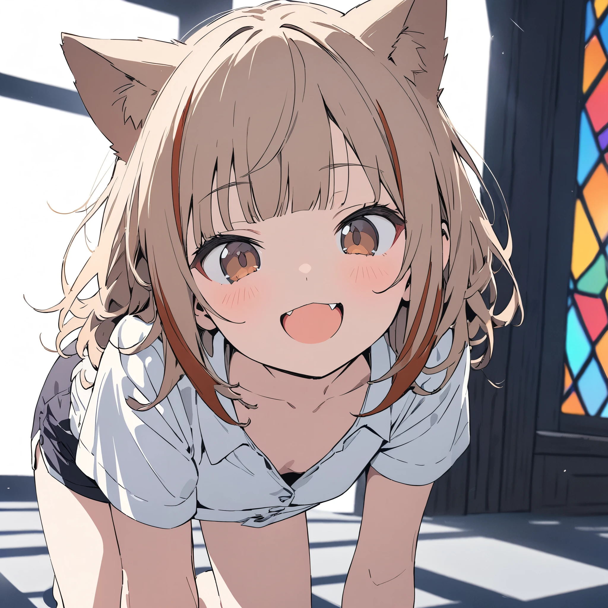 ((Masterpiece)), ((best quality)), ((kawaii)), (flat color), (flat shading), (super detail:1.2),(High Definition:1.3), (Professional Photography:1.2), (wide shot), (sharp focus), (perfect light), (drop shadow), ((12 years old)), (1girl), ((streaked hair)), highlights hair, messy medium hair, Beautiful collarbone, (loose white buttoned shirts), cleavage, cute boxer shorts, (Healthy slim body), (loose blunt bangs), Slender body, glossy skin, (smug), (:d), ((Beautiful brown eyes)), Textured skin, (Cat ears), Pale brown hair, Cute Beautiful Girl, (slightly exposed small chest), BREAK, ((best quality)), Dynamic angles, ((Bending forward posture)), ((all-fours on the stained glass background)), beautiful stained glass, (sharp focus), (perfect light),
