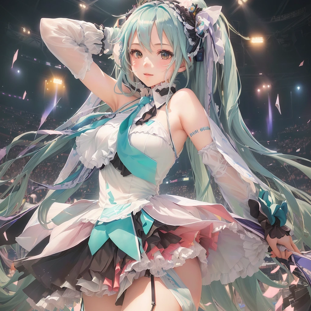 Anime girl with long hair and blue dress in stadium, Mikudayo, Pixiv contest winner, portrait of hatsune Miku, hatsune Miku portrait, trending on artstation Pixiv, hatsune Miku, Miku, Nightcore, Pixiv, digital art on Pixiv, Best anime 4k konachan wallpaper, top rated on Pixiv