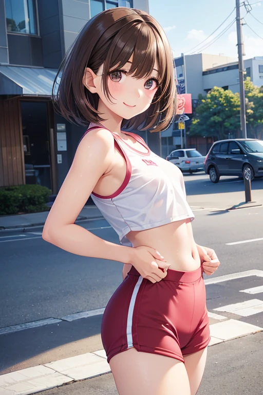 masterpiece, best quality, absurdres, 
1girl, ,, blush, ,,sports bra,bike shorts,looking viewer,,spoken heart,***,(petite),flat chest,,outdoor,grin,nsfw,socks,peace pose,armpit