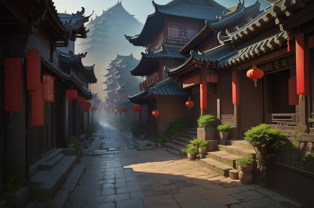 there is a narrow street,There are many buildings and plants, Dream China Town, china village, andreas rocha style, Cyberpunk ancient Chinese castle, Beautiful rendering of the Tang Dynasty, ancient city landscape, The ancient city streets behind her, author:Victor Wang, old asian village, Inspired by Zhang Sengyao, Pan Chengwei on artstation, In an ancient city , ((low angle shot 1.7)) ((Camera lens close to the ground to shoot 1.8))