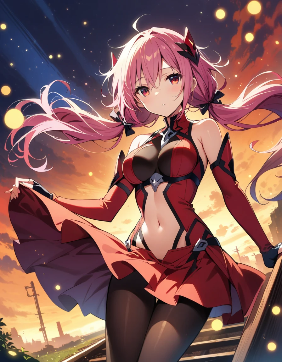1girl,upper body,a cute cat lying on the head of the girl,masterpiece, best quality, highres, 4k, 8k, intricate detail, cinematic lighting, amazing quality, amazing shading, soft lighting, Detailed Illustration, anime style, wallpaper,,yuzuriha_inori(guilty_crown), guilty_crown, 1girl, floating_hair, low_twintails, hair_ornament, linea_alba, long_hair, medium_breasts, pink_hair, red_eyes, bare_shoulders, narrow_waist, navel, black_pantyhose, red_thong, red_and_orange_clothes, floating_clothes, open_clothes, Splited skirt hem, very_long_skirt_hem, detached_sleeves, very_long_sleeves, fingerless_gloves,by the railway,glowing stardust frontground,fantasy,sparkling,fireflies