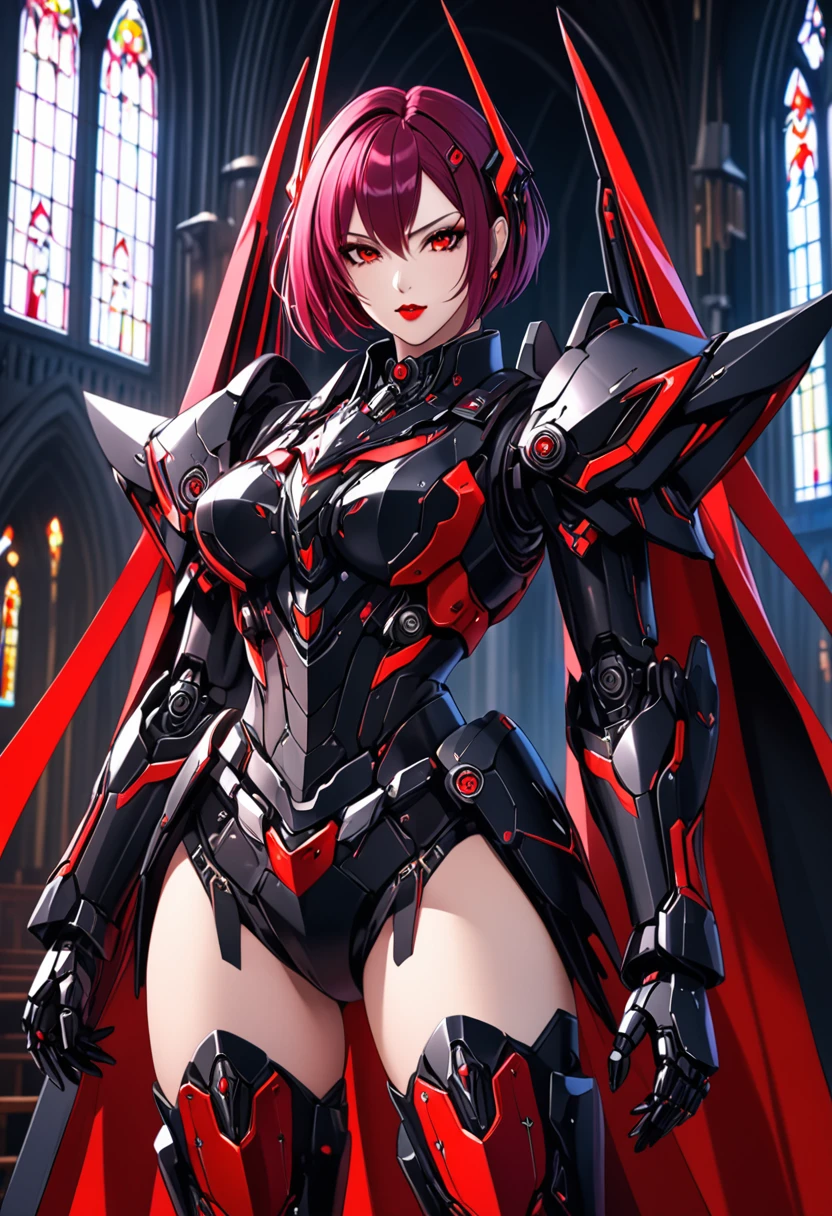 a portrait of mecha female vampire in a dark gothic cyberpunk church, an exotic exquisite beautiful mecha female vampire, dynamic hair color, short hair, dynamic eyes color, intense eyes, glowing eyes, dynamic eyes color, wearing intricate mech armor, delicate mech armor, delicate blood veins in the armor, wearing thigh high heeled boots, dark gothic cyberpunk church background, vibrant, Ultra-high resolution, High Contrast, (masterpiece:1.5), highest quality, Best aesthetics), best details, best quality, highres, 16k, (ultra detailed: 1.5), masterpiece, best quality, (extremely detailed) RAW, (ultra details, Masterpiece, best quality), Dark Art Painting Style, nijimecha
