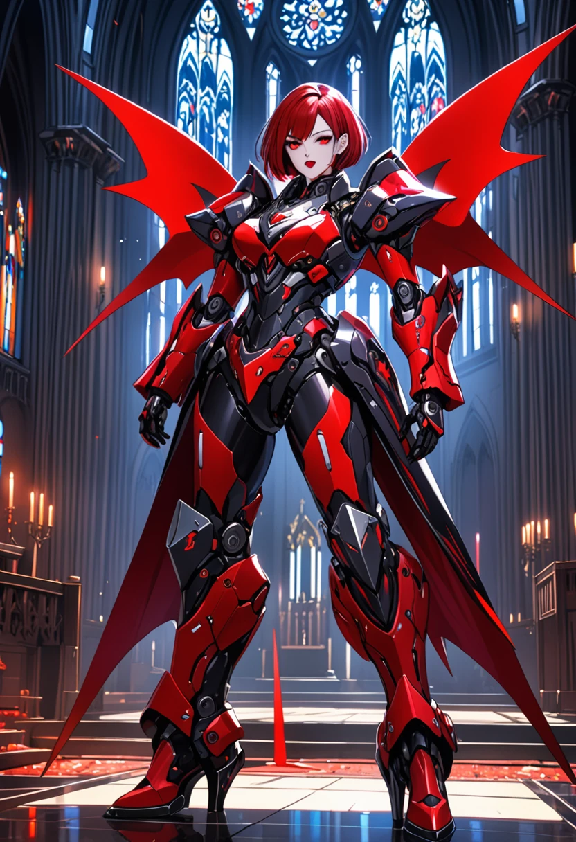 a portrait of mecha female vampire in a dark gothic cyberpunk church, an exotic exquisite beautiful mecha female vampire, dynamic hair color, short hair, dynamic eyes color, intense eyes, glowing eyes, dynamic eyes color, wearing intricate mech armor, delicate mech armor, delicate blood veins in the armor, wearing thigh high heeled boots, dark gothic cyberpunk church background, vibrant, Ultra-high resolution, High Contrast, (masterpiece:1.5), highest quality, Best aesthetics), best details, best quality, highres, 16k, (ultra detailed: 1.5), masterpiece, best quality, (extremely detailed) RAW, (ultra details, Masterpiece, best quality), Dark Art Painting Style, nijimecha