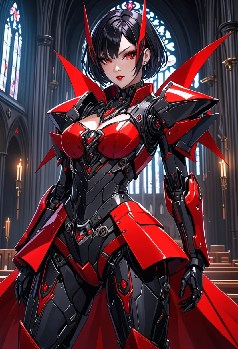 a portrait of mecha female vampire in a dark gothic cyberpunk church, an exotic exquisite beautiful mecha female vampire, dynamic hair color, short hair, dynamic eyes color, intense eyes, glowing eyes, dynamic eyes color, wearing intricate mech armor, delicate mech armor, delicate blood veins in the armor, wearing thigh high heeled boots, dark gothic cyberpunk church background, vibrant, Ultra-high resolution, High Contrast, (masterpiece:1.5), highest quality, Best aesthetics), best details, best quality, highres, 16k, (ultra detailed: 1.5), masterpiece, best quality, (extremely detailed) RAW, (ultra details, Masterpiece, best quality), Dark Art Painting Style, nijimecha