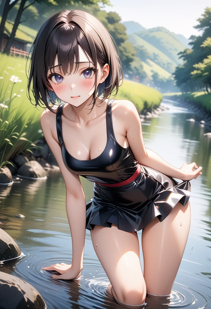 (((A woman playing in midsummer in Japan))), (A hot summer)), (((a hot summer outfit a Light-colored, Dark colored skirt))), ((Shiny Costumes)), skindentation, skinny, solo, 1 woman, Masterpiece, highest quality, highest quality, 16K, incredibly absurd, highly detailed, 2.5D, ai-generated, delicate and dynamic, very delicate facial expressions, delicate eye depiction, erotic, only sexy woman, ((A cute and kind face)), healthy figure, ((25-year-old woman)), 160cm tall, medium firm swaying bust, Dark Hair, blush, Sweat,Embarrassed,sexy, ((thin thighs)), (camel toe:0.7), (visible nipples:0.5), (Erect nipples,:0.7), shiny and lustrous, facing straight at viewer, (((in heat))), ((Oily_skin)), ((dutch angle)), ((erotic pose)), ((In the Japanese countryside, by the river, on a hot summer's afternoon,)), (Metallic shiny outfit:0.5), (((Very dynamic pose))),