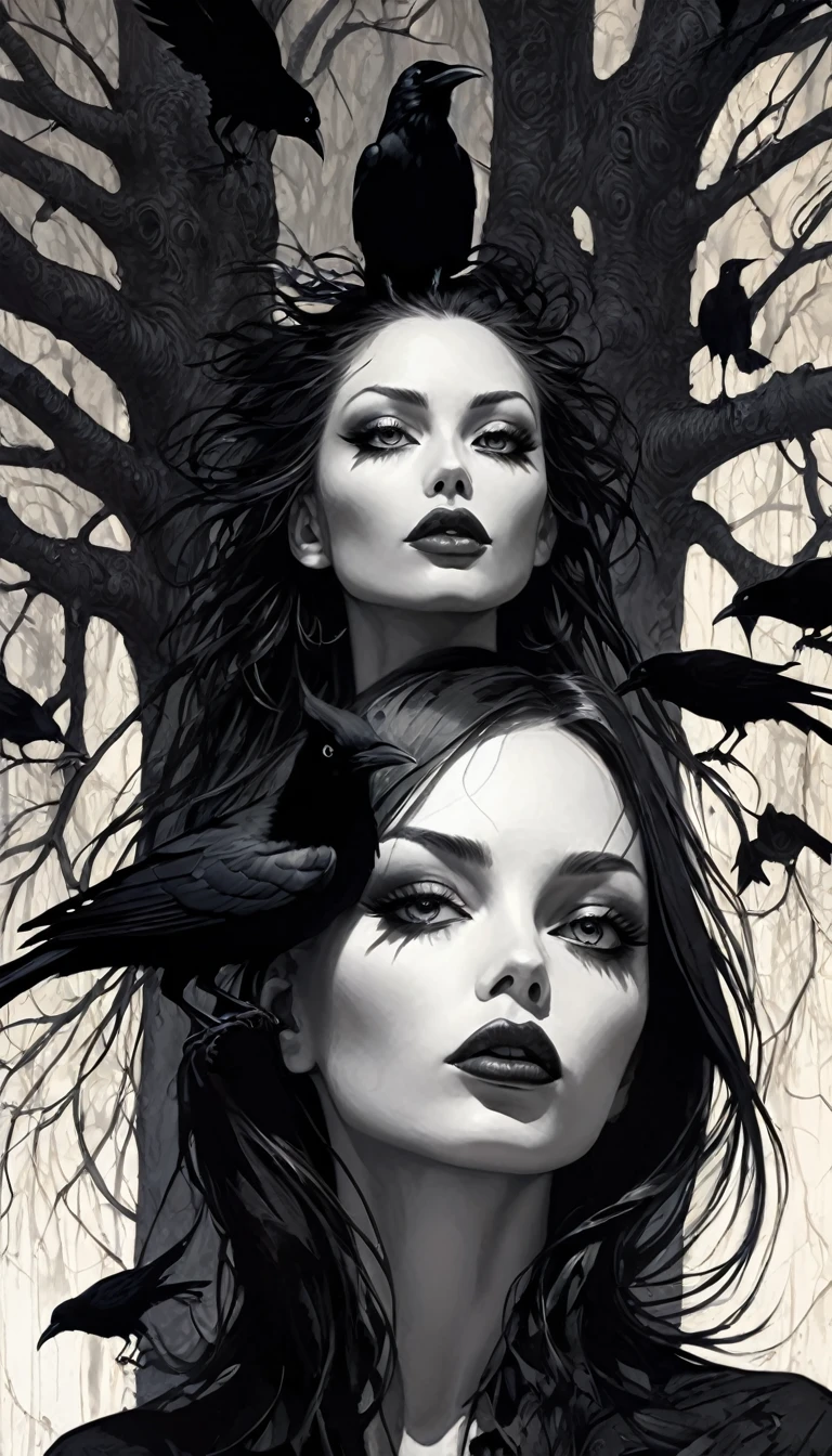 a large dry tree, crows, a sexy monster girl with torn clothes sitting at the base of the tree, black and white image,very long hair, art inspired by Bill Sienkiewicz, crows eroticism, sexy, black and white image, a lot of crows(best quality,4k,8k,highres,masterpiece:1.2),ultra-detailed,(realistic,photorealistic,photo-realistic:1.37),intricate details,vivid colors,sharp focus,professional,Dave McKean artwork, oil touch of surrealism,oil painting style,portrait,woman,beautiful detailed eyes,beautiful detailed lips,dreamlike atmosphere,shadow play,soft lighting,playful pose,minimalist room,dark hues,ethereal background,fantasy elements,texture,layered composition.