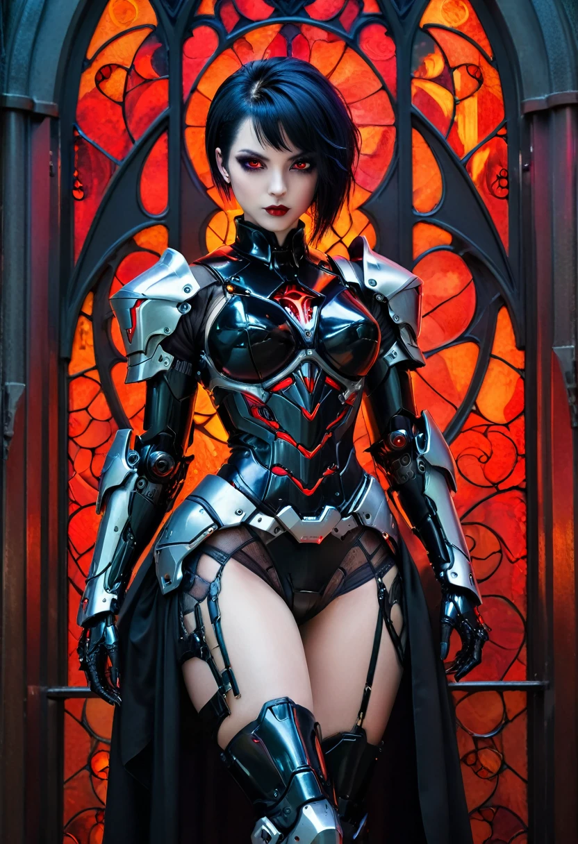 a portrait of mecha female vampire in a dark gothic cyberpunk church, an exotic exquisite beautiful mecha female vampire, dynamic hair color, short hair, dynamic eyes color, intense eyes,  glowing eyes, dynamic eyes color, wearing intricate mech armor, delicate mech armor, delicate blood veins in the armor, wearing thigh high heeled boots, dark gothic cyberpunk church background, vibrant, Ultra-high resolution, High Contrast, (masterpiece:1.5), highest quality, Best aesthetics), best details, best quality, highres, 16k, (ultra detailed: 1.5), masterpiece, best quality, (extremely detailed) RAW, (ultra details, Masterpiece, best quality), Dark Art Painting Style