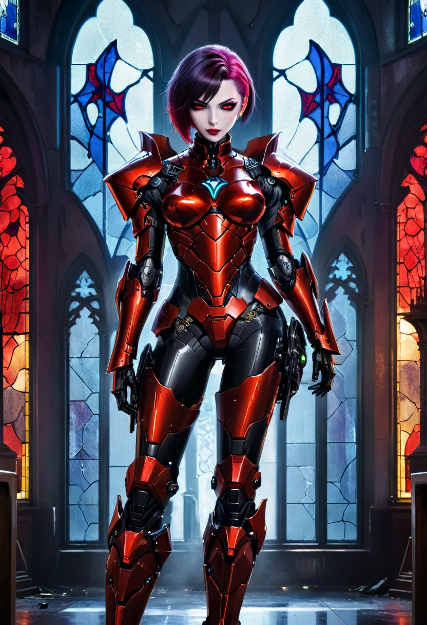 a portrait of mecha female vampire in a dark gothic cyberpunk church, an exotic exquisite beautiful mecha female vampire, dynamic hair color, short hair, dynamic eyes color, intense eyes,  glowing eyes, dynamic eyes color, wearing intricate mech armor, delicate mech armor, delicate blood veins in the armor, wearing thigh high heeled boots, dark gothic cyberpunk church background, vibrant, Ultra-high resolution, High Contrast, (masterpiece:1.5), highest quality, Best aesthetics), best details, best quality, highres, 16k, (ultra detailed: 1.5), masterpiece, best quality, (extremely detailed) RAW, (ultra details, Masterpiece, best quality), Dark Art Painting Style