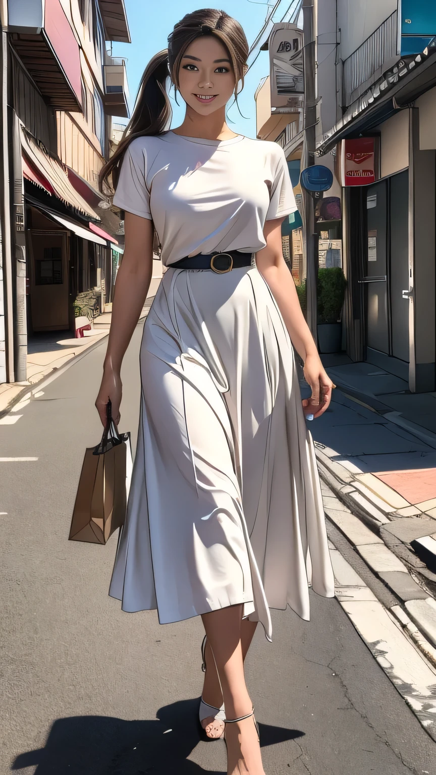 (Highest quality,4K,8k,High resolution,masterpiece:1.2),Very detailed,(Realistic,photoRealistic,photo-Realistic:1.37), One Japanese woman, Big smile, slicked back hair, ponytail、Cowboy Shot、Outdoor, Light brown hair、Brown eyes、Beautiful attention to detail, lips with beautiful details, Very detailed目と顔, Long eyelashes, Soft morning light, Vibrant colors, Delicate texture, Subtle Shadows、White tight T-shirt、Long Flared Skirt、belt、High heels、Walking towards here、background:Shopping Street、