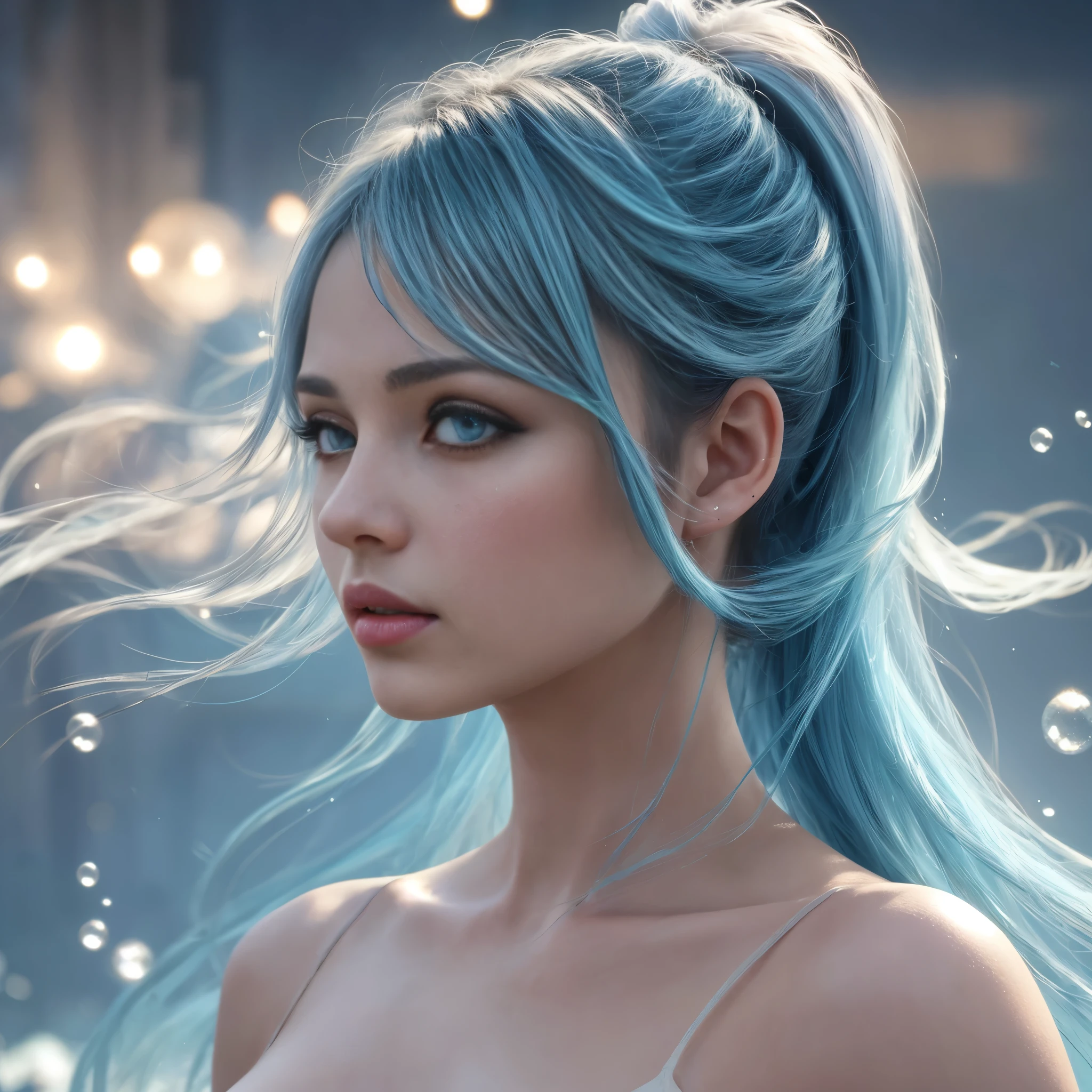 (YES NSFW), a girl standing, looking at the viewer, with messy hair, wearing fashionable clothes, (best quality,4k,8k,highres,masterpiece:1.2),ultra-detailed,(realistic,photorealistic,photo-realistic:1.37),floating,beautiful detailed eyes,beautiful detailed lips,extremely detailed eyes and face,longeyelashes,delicate beauty,high saturation,colorful splashes,colored bubbles,shining,focused on the face,ponytail,light blue hair,bangs,hair halo,flowing hair,brilliant,best lighting,best shadow,full body,portrait