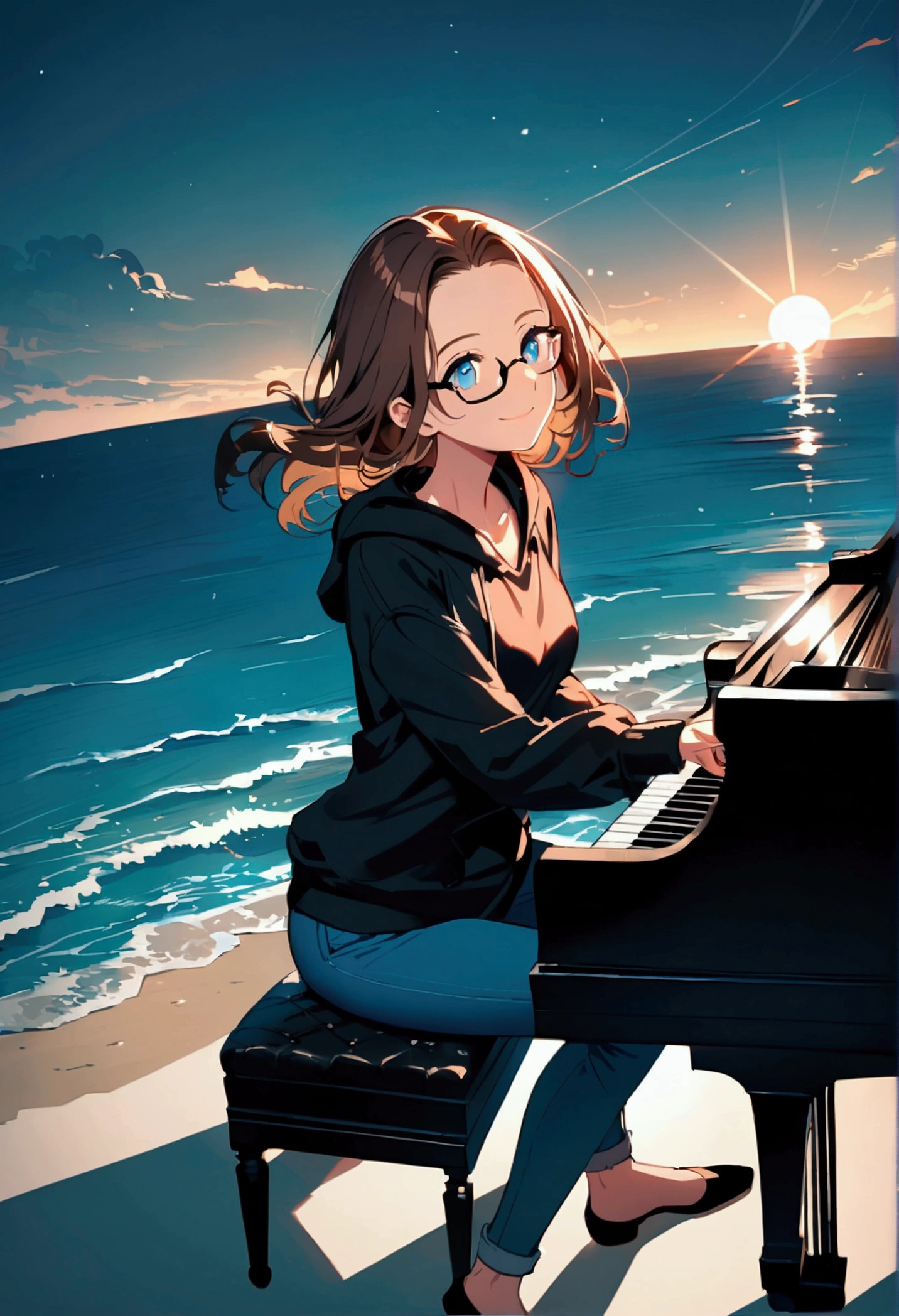 Alone, one person, anime woman (shoulder-length brown hair, blue eyes, black hoodie, jeans, dark-rimmed glasses, clear forehead, smiling) plays sitting on a beautiful black piano. Summer. Sun ist shining. Ocean in the background. Perfect Hands.