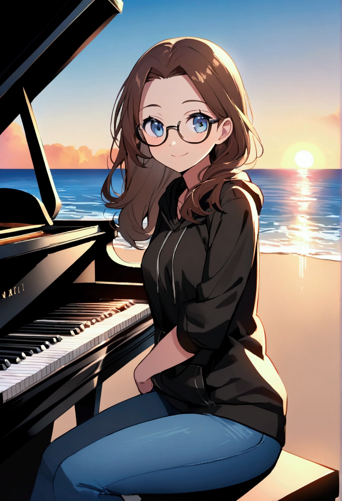 Alone, one person, anime woman (shoulder-length brown hair, blue eyes, black hoodie, jeans, dark-rimmed glasses, clear forehead, smiling) plays sitting on a beautiful black piano. Summer. Sun ist shining. Ocean in the background. Perfect Hands.