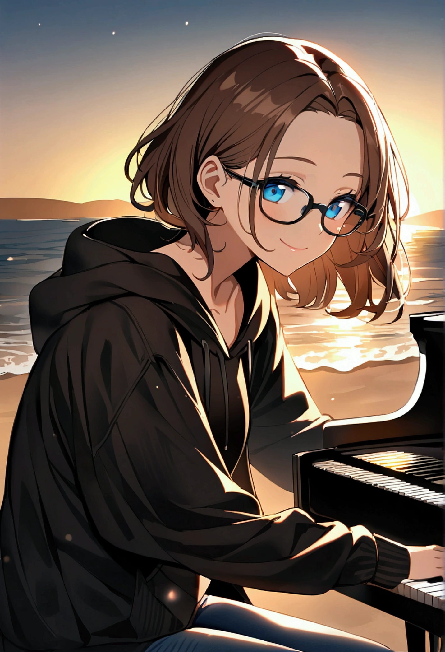 Alone, one person, anime woman (shoulder-length brown hair, blue eyes, black hoodie, jeans, dark-rimmed glasses, clear forehead, smiling) plays sitting on a beautiful black piano. Summer. Sun ist shining. Ocean in the background. Perfect Hands.
