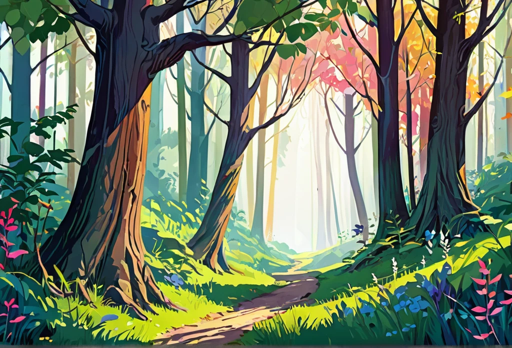 Part way in, wilderness, trees, land. 
 (masterpiece best quality:1.2) delicate illustration ultra-detailed, illustrations, bright, colourful, 