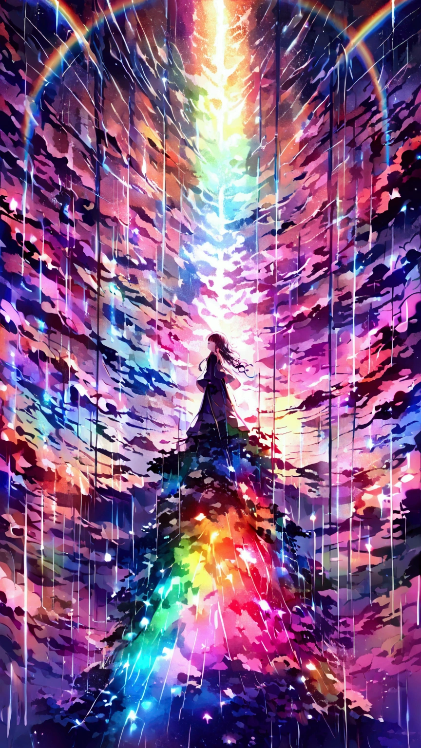 (((Beautiful girl artwork))),Scrunchie hair,Looks about 、(((Rainbow-colored light rains down)))
