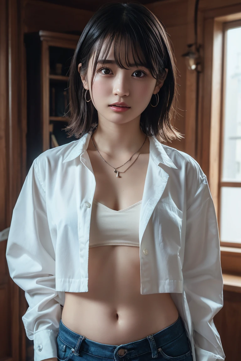 (Highest quality:1.4),(masterpiece:1.4),(Realistic:1.4),(Realistic:1.2),(超High resolution, RAW Photos:1.4),(High resolution, Ultra-detailed:1.2),(8k:1.2),View your viewers,Cinematic photography,One girl,skeletally correct,Black-haired woman,Woman in her early 20s,(Small earrings,necklace,Cool clothes with belly button exposed),(Western-style building interior,Dimly lit room,The lamplight shines on my cheeks)
