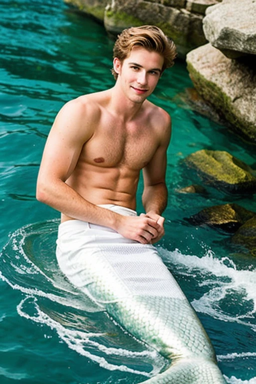 young cute skinny white handsome mermaid saved a cute captain