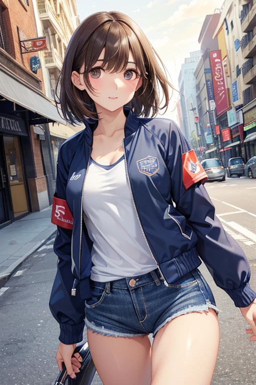 anegasaki nene、Shiny brown hair, short hair, (Beautiful brown eyes、Sparkling eyes, Fine grain)、smile、Ultra-detailed eyes、Highly detailed face, Highly detailed eyes,


(((masterpiece,Highest quality:1.3,Highest qualityのイラスト))),(Realistic:1.2)、Cowboy Shot,solo,1 Female,(Mature Beauty),
,(Gorgeous big eyes),(very small head),blush,((Very long body,skinny,Slender body)),
((navy blue baseball jacket)),Glowing Skin,Oily skin,denim micro shorts,Wearing a white tank top and blouson,on the road,New York City、