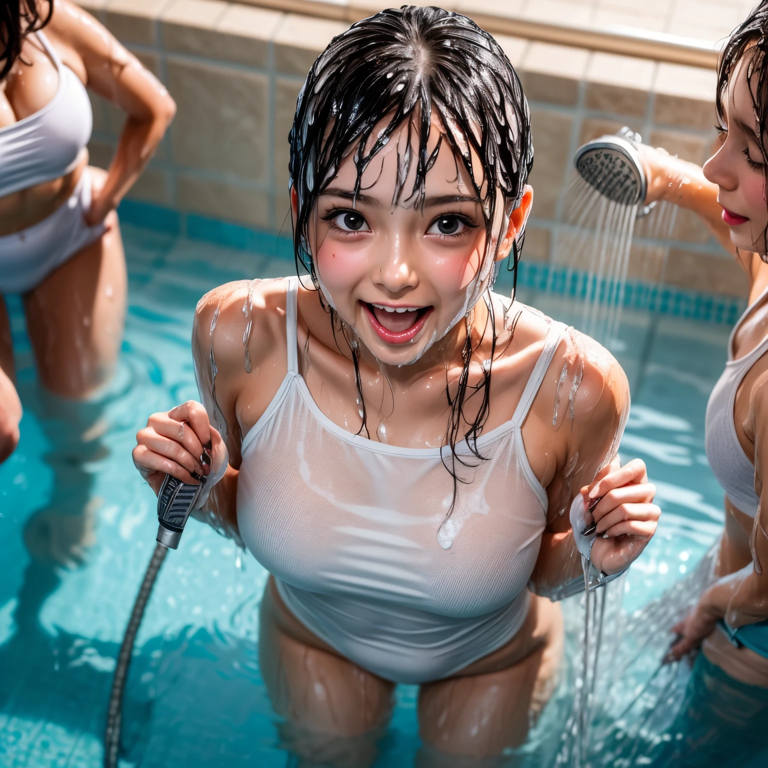 NSFW, (Snapshot of 3girls having fun in open shower room by the pool, kissing face to face), {Braid hair|With bangs}, (School Swimwear), the body is covered with juice, White LiquidSoap, Sweating, be sweaty, Wet pearl skin, ((Wet swimsuit)), Perfect Lighting, Clear Focus, (bokeH:1.4), Roundly butts, { (Shower Water:1.6) | (Gigantic  Overflowing sideboob) | Butt cruck | (from above:1.4) }, hidden hands BREAK (NOGIZAKA girls)  ((Extremely Detailed very KAWAII face variations)), perfect anatomy, Childish, captivating gaze, elaborate detailed Eyes with (sparkling highlights:1.2), long eyelashes、Glossy RED Lips with beautiful details, Coquettish tongue, Rosy cheeks . { (Dynamic joyful expressions) | (:d) }, (no large eyes) . (close-up:1.28), Assfocus (Full of Water, Everything Wetted:1.6)