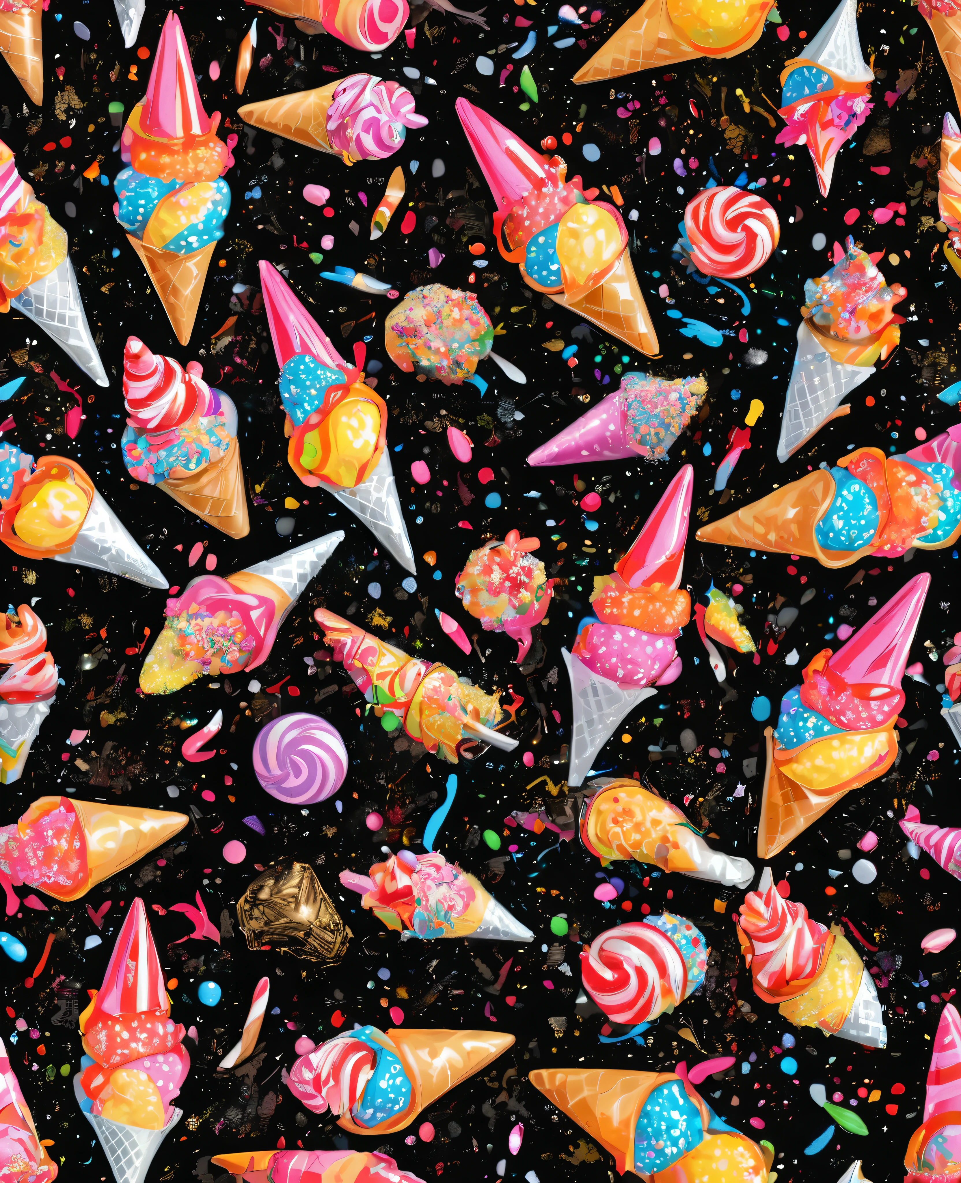 Graffiti, scribble, Comics by Petra Cortright, best quality, masterpiece, glittery candy cones artwork, Representative work, official art, Professional, Ultra intricate detailed, 8k, candy cones art, black background