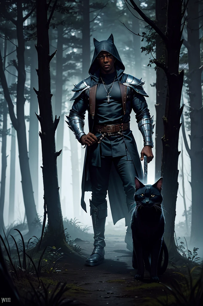 do Wesley Snipes, wearing dark clothes and a hood, appears in a combat pose. He carries two swords on his back, one silver and one steel, typical of Cat School wizards. His costume is detailed with feline symbols and ornaments., and he wears light armor, designed for agility and stealth. The background is a dark forest., with a mysterious and magical atmosphere, full of tall trees and dense mists. Wesley Snipes&#39; expression is serious and determined, with piercing eyes, reflecting the intensity and experience of a veteran wizard