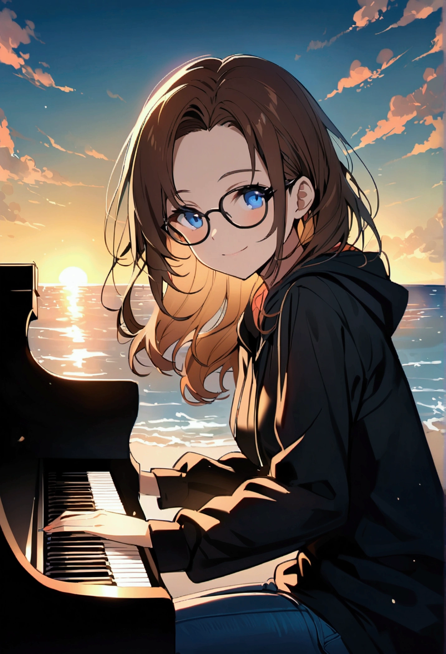 Alone, one person, anime woman (shoulder-length brown hair, blue eyes, black hoodie, jeans, dark-rimmed glasses, clear forehead, smiling) plays sitting on a beautiful black piano. Summer. Sun ist shining. Ocean in the background.