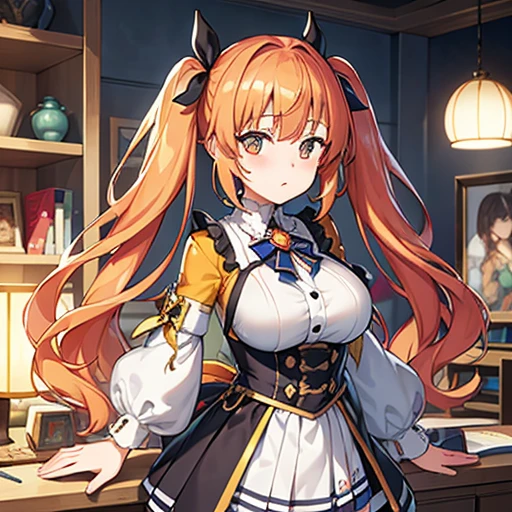 Highest quality,A perfect masterpiece,Perfect artwork,Official Works,8k,, Fashion Trends,High resolution,Detailed Expression,Octane Rendering,Ray Tracing,Intricate details,Animation lighting,One person、single、Anime Girls、Lively beautiful girl、Female student、orange long hair、Twin tails、The eye color is the same、Eye highlights、Beautiful breasts、Uniform with emphasis on breasts、Pleated mini skirt、Fashion-coordinated variations