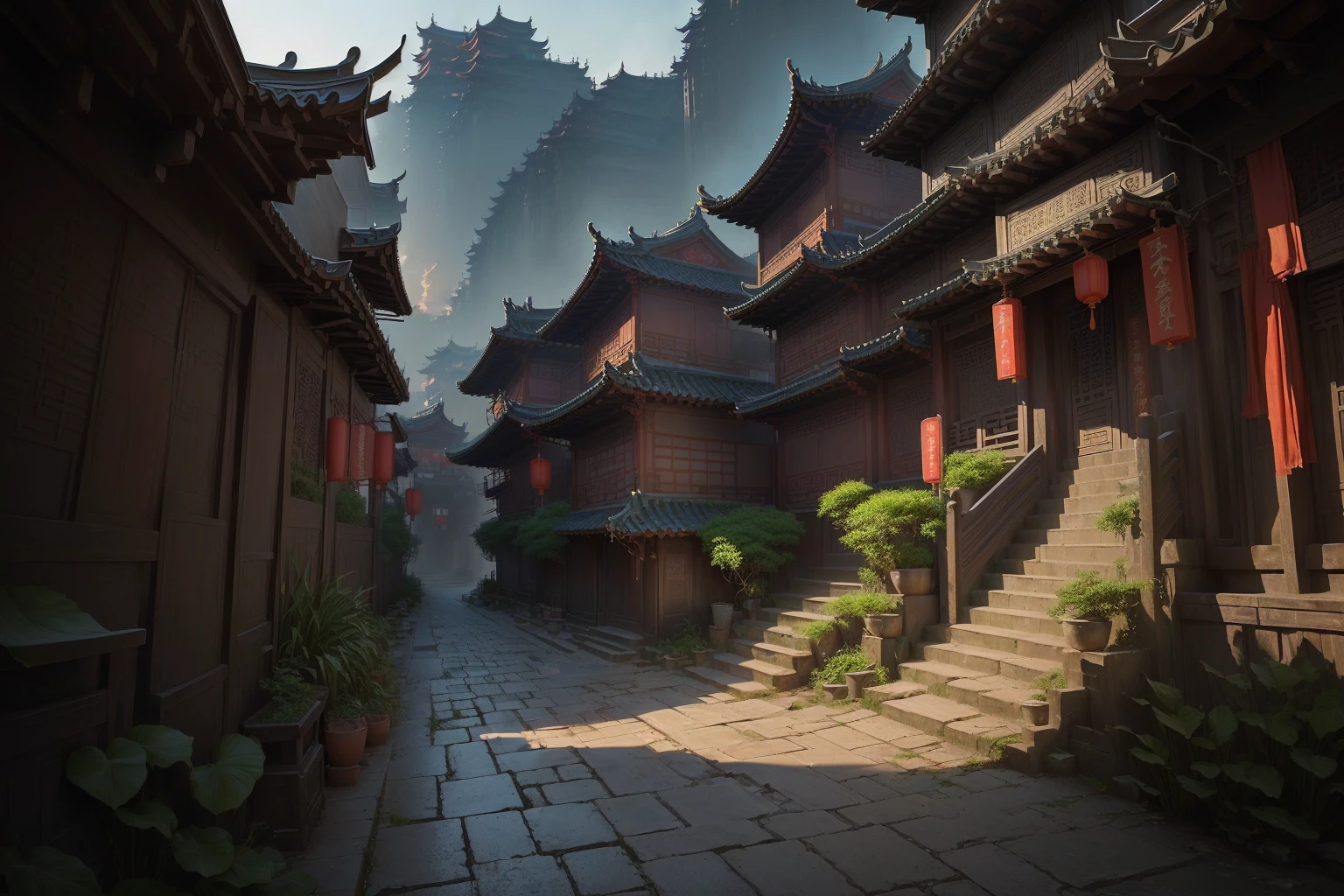 there is a narrow street,There are many buildings and plants, Dream China Town, china village, andreas rocha style, Cyberpunk ancient Chinese castle, Beautiful rendering of the Tang Dynasty, ancient city landscape, The ancient city streets behind her, author:Victor Wang, old asian village, Inspired by Zhang Sengyao, Pan Chengwei on artstation, In an ancient city , ((low angle shot 1.7)) ((Camera lens close to the ground to shoot 1.8))