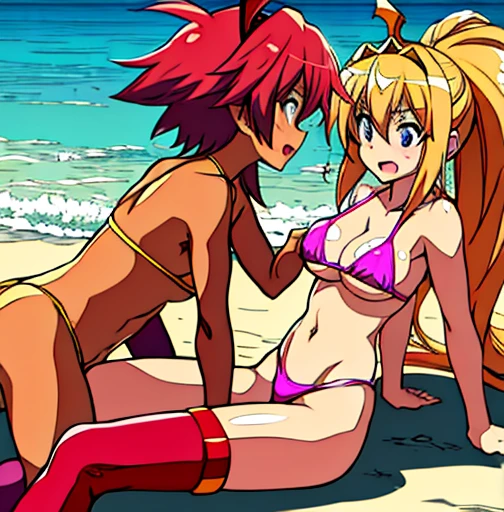 some pretty anime characters fighting over water with one another over the top of them a desert sandy sun blushing lewd face while wearing very tight boots micro bikini