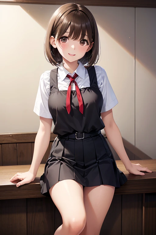 anegasaki nene、Shiny brown hair, short hair, (Beautiful brown eyes、Sparkling eyes, Fine grain)、smile、Ultra-detailed eyes、Highly detailed face, Highly detailed eyes,


high resolution、High resolution、Accurate 、A girl wearing a white short-sleeved shirt and a red suspender miniskirt、Ribbon ties are red、Suspender miniskirt is red、Bobcut、standing、blush、Laughter、Head to Knee、Simple Background、