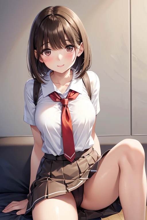 anegasaki nene、Shiny brown hair, short hair, (Beautiful brown eyes、Sparkling eyes, Fine grain)、smile、Ultra-detailed eyes、Highly detailed face, Highly detailed eyes,
high resolution、High resolution、Accurate anatomy、A girl wearing a white short-sleeved shirt and a red suspender miniskirt、Ribbon ties are red、Suspender miniskirt is red、Bobcut、standing、blush、Laughter、Head to Knee、Simple Background、