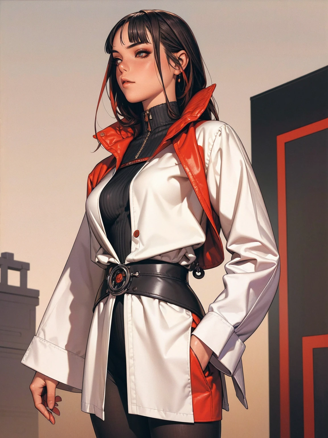 (best qualityer))), (((manga strokes))), (((black bob hair with straight bangs and red highlights))), (((Zenless Zone Zero))), uma Kizi jovem muito bem vestida com roupas modernas de inverno, top gift vertical stripes, short jacket with dark fur collar, beautiful and expressive face, slightly-smile, big eyes with long black eyelashes, heavy make-up, chains and zippers spread across clothes, contrasting colours, pose de atitude, hair with a modern and futuristic cut, urban game poster art, dramatic camera angles, graffiti art elements in the background, design mixing contemporary and retro by Shepard Fairey, (((cowboy shot))), (((best qualityer: 1.4))), (Unbeatable masterpiece), (hiper HD),(CG 8k hyper-realistic), Kizi, (((standing alone))), pirralha violent, ((())), sexly, pose de atitude, work of art, post-apocalypse, (((manga style))), bounty hunter, violent, Manic, the way you want, slenderbody, thin but strong, perfectbody, roupa moderna, advanced technology, neon, sleeves with vertical striped pattern, neutral background, (( cowboy shot )). intricate visual