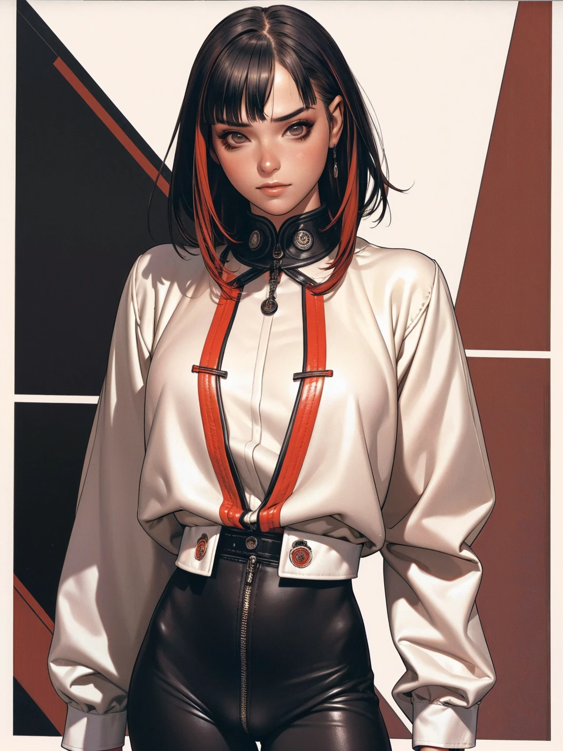 (best qualityer))), (((manga strokes))), (((black bob hair with straight bangs and red highlights))), (((Zenless Zone Zero))), uma Kizi jovem muito bem vestida com roupas modernas de inverno, top gift vertical stripes, short jacket with dark fur collar, beautiful and expressive face, slightly-smile, big eyes with long black eyelashes, heavy make-up, chains and zippers spread across clothes, contrasting colours, pose de atitude, hair with a modern and futuristic cut, urban game poster art, dramatic camera angles, graffiti art elements in the background, design mixing contemporary and retro by Shepard Fairey, (((cowboy shot))), (((best qualityer: 1.4))), (Unbeatable masterpiece), (hiper HD),(CG 8k hyper-realistic), Kizi, (((standing alone))), pirralha violent, ((())), sexly, pose de atitude, work of art, post-apocalypse, (((manga style))), bounty hunter, violent, Manic, the way you want, slenderbody, thin but strong, perfectbody, roupa moderna, advanced technology, neon, sleeves with vertical striped pattern, neutral background, (( cowboy shot )). intricate visual