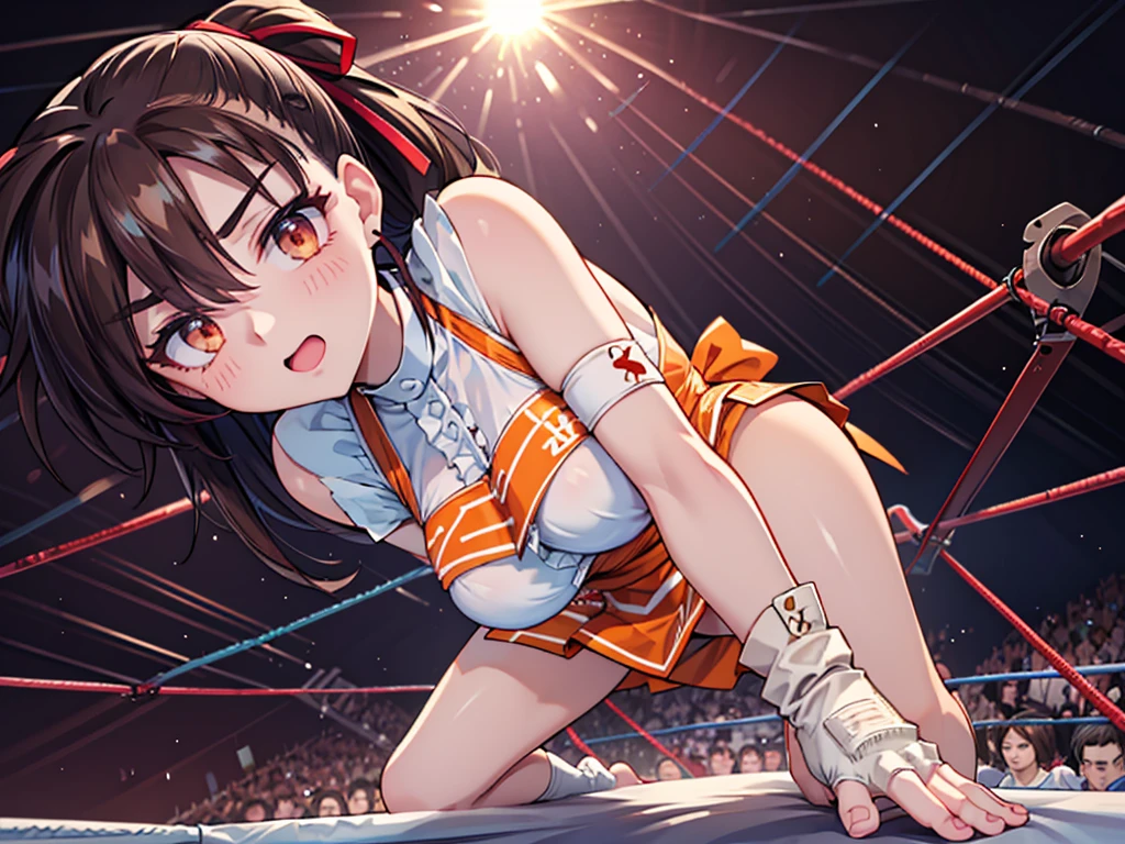 Highest quality，masterpiece，( WWE Divas，Wrestling Arena，Wrestling ring background, Boxing ring background), Lack of stamina, Ryona, Hitting a girl, death is near，タケユカ 超ロングヘア ヘアribbon, Frilled shirt, Underbust, ribbon, Fingerless gloves, White gloves, Waist apron, Orange Skirt, socks, Toeless legwear，