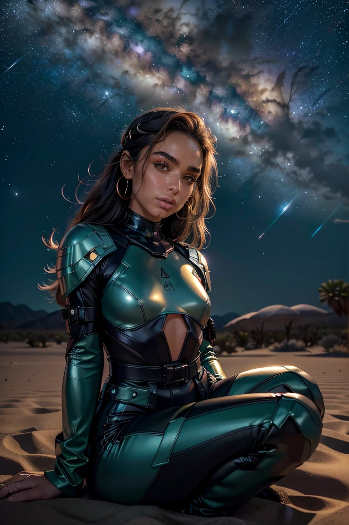 Sexy woman with seductive eyes and pouty lips,uma figura bastante esguia. Ela tem cabelo preto longo , grandes olhos verdes claros, sitting on the ground in the desert on a dark and magical night. The sky is full of shine, estrelas radiantes, obscured by a smoky cloud of galactic ferns. A has a calm and astonished facial expression and watches the stars with amazement and admiration. She uses her hands to support her head, while enjoying the unique wonder of the universe. A is wearing comfortable clothes that match the quality of the cold night, com sombras suaves projetadas em sua pele. As cores da imagem exalam a magia da noite e das estrelas, with the deep blue of the sky and the golden shine of the stars and the galactic landscape., decote exposto, seios grandes, Qualidade superior, Muitos detalhes, Sharp and realistic Puri focus