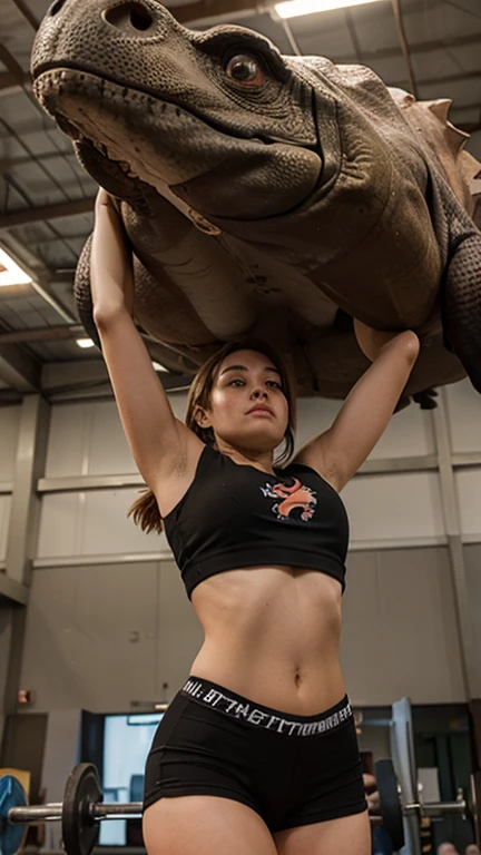girl lifting overhead a heavy giant dinosaur